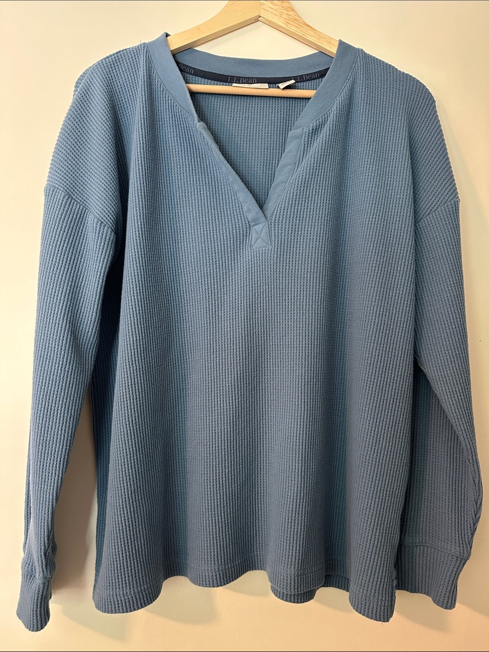 L.L. Bean Light Blue Waffle Knit V-Notch Pullover